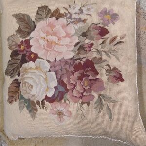16x16 floral needlepoint pillow vintage roses peony sage lavender plum blush